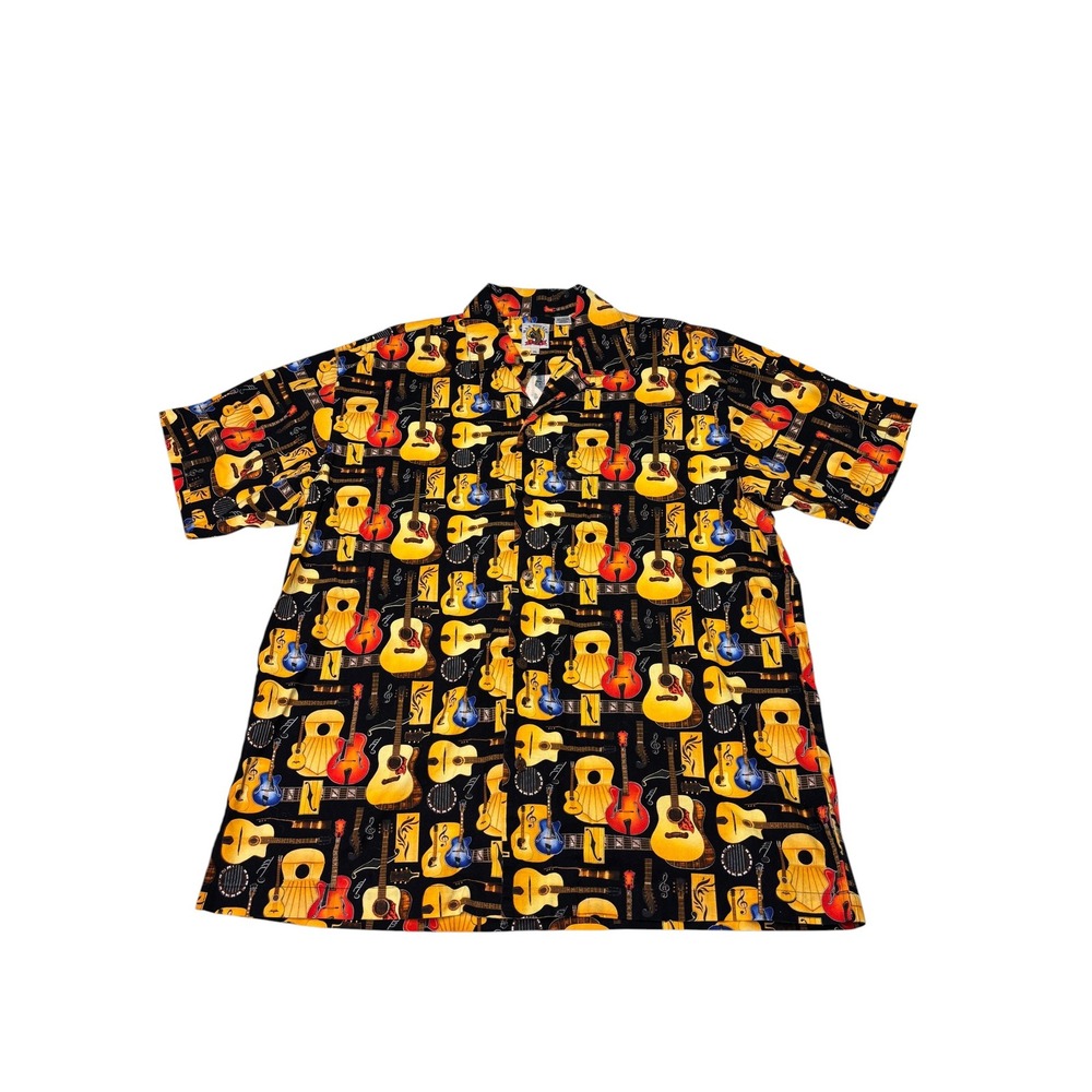 VTG Max Boxxer Mens XL Guitar Print Button Up Shirt‎ Short Sleeve Black Cotton